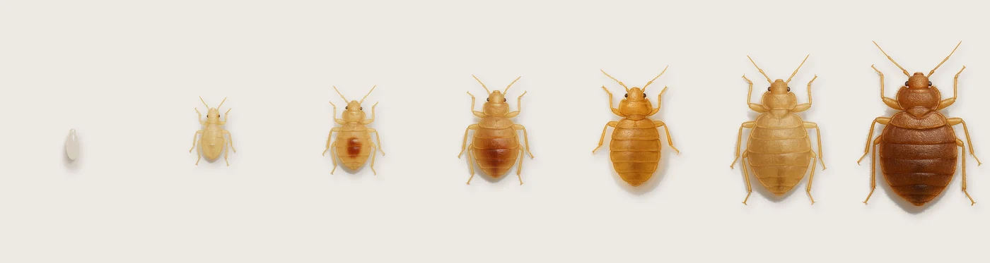 Bed bug life cycle, left to right: a pearly white egg, five nymph stages that grow larger with each molt (pale and translucent when unfed, reddish after a blood meal), and the reddish-brown adult