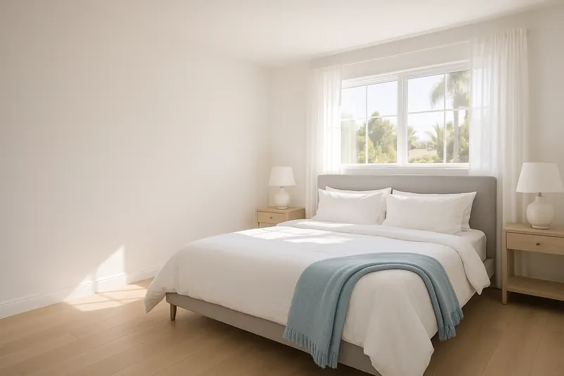 A sunny bedroom with a made bed and a light blue throw