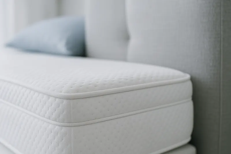 Close-up of mattress and headboard seams, where bed bugs often hide